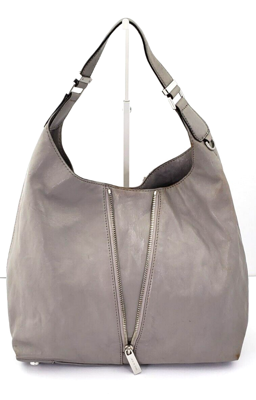 MICHAEL KORS NEWMAN ASH GREY LEATHER LARGE HOBO SHOULDER BAG DECORATIVE ZIPPER